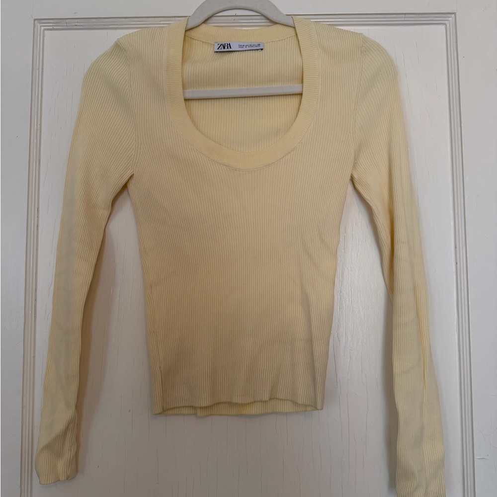 Zara Ribbed Scoop Neck Long Sleeve Top - Butter Yellow